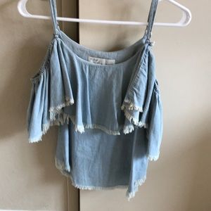 Denim frayed over shoulder top